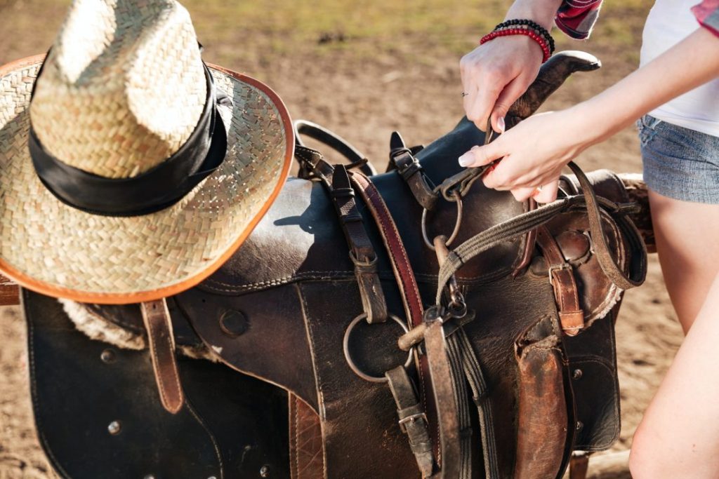 Inicio 7 saddle prepared for horse riding by young woman cowgirl